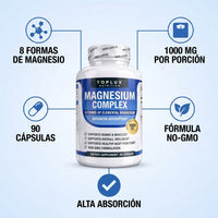 Magnesium Complex - características: 8 formas de magnesio, 1000mg, 90 cápsulas, no-GMO, alta absorción